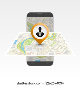 City map route navigation smartphone, phone point marker, vector drawing schema, isometric city plan GPS navigation tablet, itinerary destination arrow paper city map. Route isometric check point