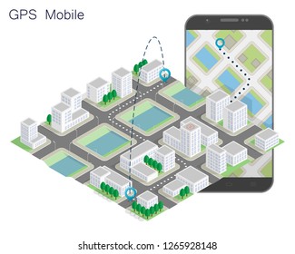 City map route navigation smartphone, phone point marker vector drawing schema isometric city plan GPS navigation tablet, itinerary destination arrow isometry paper city map. Route isometric check pin