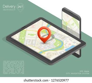 City map route navigation smartphone, phone point marker vector drawing schema isometric city plan GPS navigation tablet, itinerary destination arrow isometry paper city map. Route isometric check pin