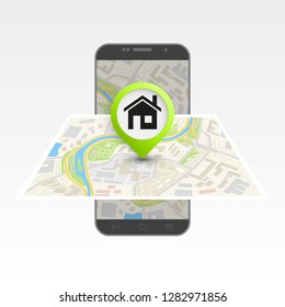 City map route navigation smartphone, phone point marker, vector drawing schema, isometric city plan GPS navigation tablet, itinerary destination arrow paper city map. Route isometric check point