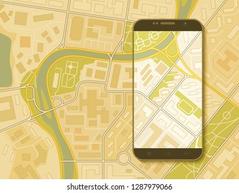 City map route navigation smartphone, phone point marker vector drawing schema flat city plan GPS navigation tablet, itinerary destination arrow flat paper city map. Route color check pin