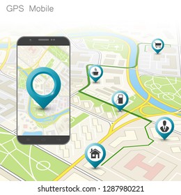 City map route navigation smartphone, phone point marker, vector drawing schema, isometric city plan GPS navigation tablet, itinerary destination arrow paper city map. Route isometric check point