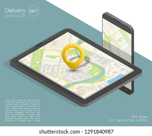 City map route navigation smartphone, phone point marker vector drawing schema isometric city plan GPS navigation tablet, itinerary destination arrow isometry paper city map. Route isometric check pin