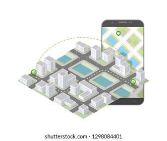 City map route navigation smartphone, phone point marker, vector drawing schema, isometric city plan GPS navigation tablet, itinerary destination arrow paper city map. Route isometric check point