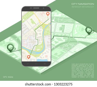 City map route navigation smartphone, phone point marker vector drawing schema isometric city plan GPS navigation tablet, itinerary destination arrow isometry paper city map. Route isometric check pin