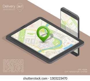 City map route navigation smartphone, phone point marker vector drawing schema isometric city plan GPS navigation tablet, itinerary destination arrow isometry paper city map. Route isometric check pin