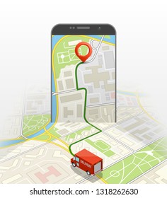 City map route navigation smartphone, phone point marker vector drawing schema isometric city plan GPS navigation tablet, itinerary destination arrow isometry paper city map. Route isometric check pin