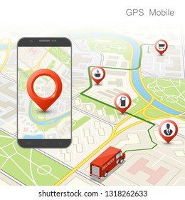 City map route navigation smartphone, phone point marker vector drawing schema isometric city plan GPS navigation tablet, itinerary destination arrow isometry paper city map. Route isometric check pin
