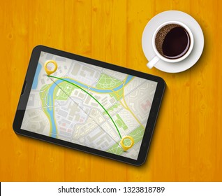 City map route navigation smartphone wooden background, phone point marker vector drawing schema, city plan GPS navigation tablet wood table, itinerary destination arrow flat city map & coffee cup