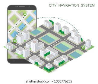 City map route navigation smartphone, phone point marker vector drawing schema isometric city plan GPS navigation tablet, itinerary destination arrow isometry paper city map. Route isometric check pin