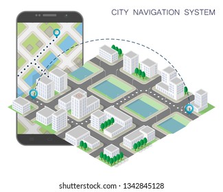 City map route navigation smartphone, phone point marker vector drawing schema isometric city plan GPS navigation tablet, itinerary destination arrow isometry paper city map. Route isometric check pin