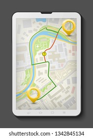 City map route navigation smartphone front view, phone point marker vector drawing schema, city plan GPS navigation tablet, itinerary destination arrow flat city map. Route color check pin itinerary