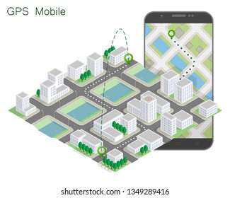 City map route navigation smartphone, phone point marker vector drawing schema isometric city plan GPS navigation tablet, itinerary destination arrow isometry paper city map. Route isometric check pin