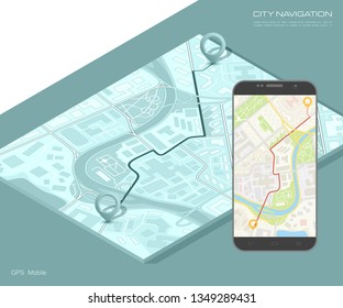 City map route navigation smartphone, phone point marker vector drawing schema isometric city plan GPS navigation tablet, itinerary destination arrow isometry paper city map. Route isometric check pin