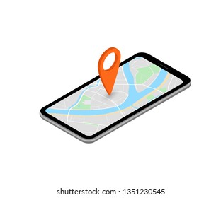 City map route navigation smartphone, phone point marker vector drawing schema isometric city plan GPS navigation tablet, itinerary destination arrow isometry paper city map