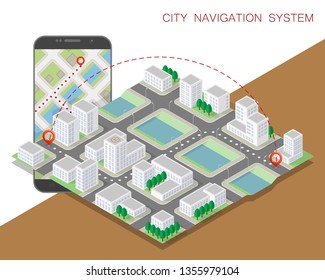 City map route navigation smartphone, phone point marker vector drawing schema isometric city plan GPS navigation tablet, itinerary destination arrow isometry paper city map. Route isometric check pin