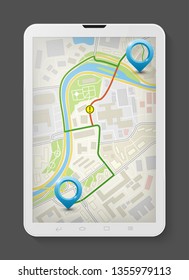 City map route navigation smartphone front view, phone point marker vector drawing schema, city plan GPS navigation tablet, itinerary destination arrow flat city map. Route color check pin itinerary