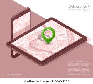 City map route navigation smartphone, phone point marker vector drawing schema isometric city plan GPS navigation tablet, itinerary destination arrow isometry paper city map. Route isometric check pin