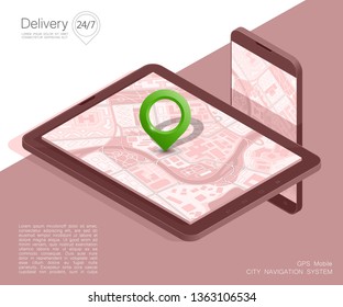 City map route navigation smartphone, phone point marker vector drawing schema isometric city plan GPS navigation tablet, itinerary destination arrow isometry paper city map. Route isometric check pin