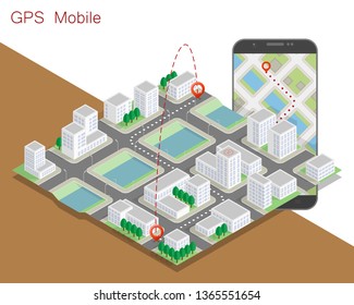City map route navigation smartphone, phone point marker vector drawing schema isometric city plan GPS navigation tablet, itinerary destination arrow isometry paper city map. Route isometric check pin