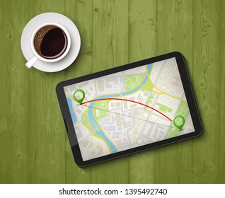 City map route navigation smartphone wooden background, phone point marker vector drawing schema, city plan GPS navigation tablet wood table, itinerary destination arrow flat city map & coffee cup