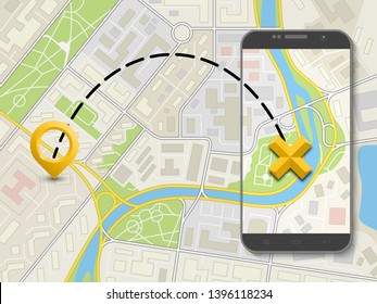 City map route navigation smartphone, phone point marker vector drawing schema flat city plan GPS navigation tablet, itinerary destination arrow flat paper city map. Route phone check pin
