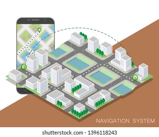 City map route navigation smartphone, phone point marker vector drawing schema isometric city plan GPS navigation tablet, itinerary destination arrow isometry paper city map. Route isometric check pin