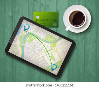 City map route navigation smartphone wooden background, phone point marker vector drawing credit card, city plan GPS navigation tablet wood table, itinerary destination arrow flat city map coffee cup