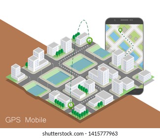 City map route navigation smartphone, phone point marker vector drawing schema isometric city plan GPS navigation tablet, itinerary destination arrow isometry paper city map. Route isometric check pin