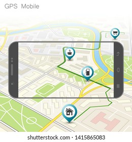 City map route navigation smartphone, phone point marker vector drawing schema isometric city plan GPS navigation tablet, itinerary destination arrow isometry paper city map. Route isometric check pin