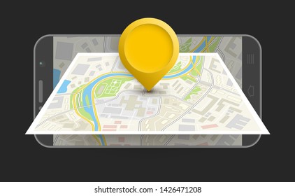 City map route navigation smartphone, phone point marker vector drawing schema isometric city plan GPS navigation tablet, itinerary destination arrow isometry paper city map. Route isometric check pin