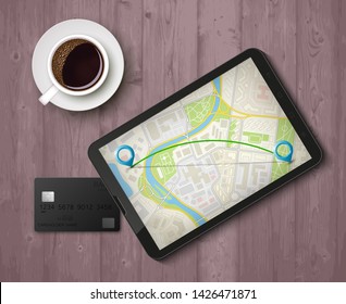 City map route navigation smartphone wooden background, phone point marker vector drawing credit card, city plan GPS navigation tablet wood table, itinerary destination arrow flat city map coffee cup