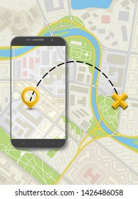 City map route navigation smartphone, phone point marker vector drawing schema flat city plan GPS navigation tablet, itinerary destination arrow flat paper city map. Route phone check pin