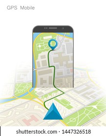 City map route navigation smartphone, phone point marker vector drawing schema isometric city plan GPS navigation tablet, itinerary destination arrow isometry paper city map. Route isometric check pin