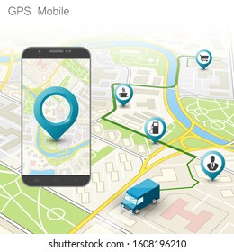 City map route navigation smartphone, phone point marker, application drawing schema, isometric city plan GPS navigation tablet, itinerary destination arrow paper city map. Route isometric check point
