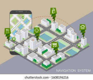 City map route navigation smartphone, phone point marker flat drawing schema isometric city plan GPS navigation tablet, itinerary destination arrow isometry paper city map. Route isometric check pin