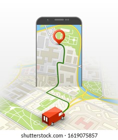 City map route navigation smartphone, phone point marker, application drawing schema, isometric city plan GPS navigation tablet, itinerary destination arrow paper city map. Route isometric check point
