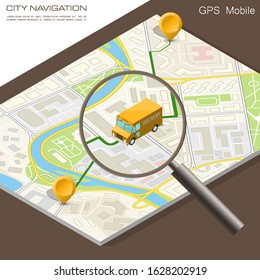 City map route navigation smartphone, Search van point marker, application drawing schema, isometric city plan GPS navigation tablet, itinerary destination arrow city map. Search isometric check point
