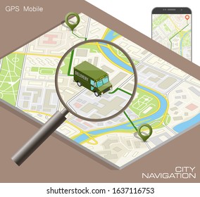 City map route navigation smartphone, Search van point marker, application drawing schema, isometric city plan GPS navigation tablet, itinerary destination arrow city map. Search isometric check point