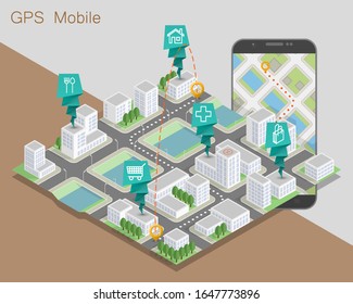 City map route navigation smartphone, phone point marker flat drawing schema isometric city plan GPS navigation tablet, itinerary destination arrow isometry paper city map. Route isometric check pin