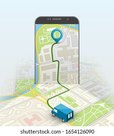 City map route navigation smartphone, phone point marker, application drawing schema, isometric city plan GPS navigation tablet, itinerary destination arrow paper city map. Route isometric check point