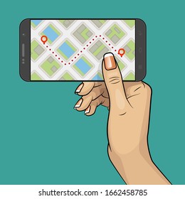 City map route navigation smartphone in hand. Vector point marker application drawing schema phone, itinerary destination arrow paper city map check point