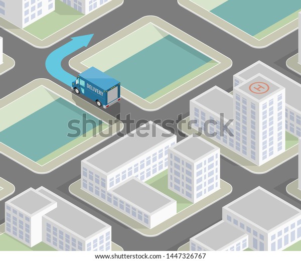 City map route navigation smartphone, phone point\
marker vector drawing schema isometric city plan GPS navigation\
tablet, itinerary destination arrow isometry paper city map. Route\
isometric check pin