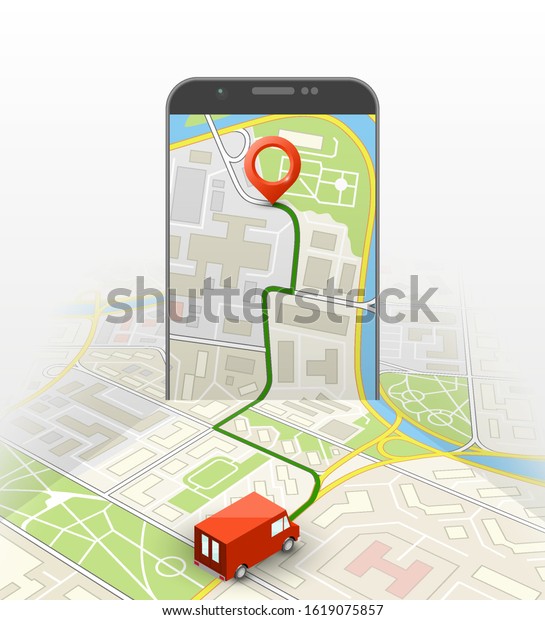 City map route navigation smartphone, phone point\
marker, application drawing schema, isometric city plan GPS\
navigation tablet, itinerary destination arrow paper city map.\
Route isometric check\
point