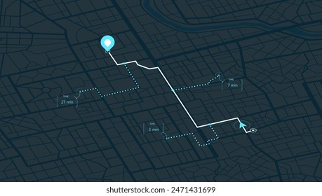 Mapa de la ciudad con ruta desde un punto a marcado por línea blanca. Ruta e información sobre las calles y distancias hasta el rotulador. Mapa detallado de la ciudad, leyenda se incluye en el mapa. Ilustración vectorial