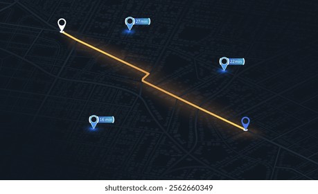 City map with route from one point to marked by line. Route and information about the streets and distances to marker. Legend included in the map. Vector Illustration