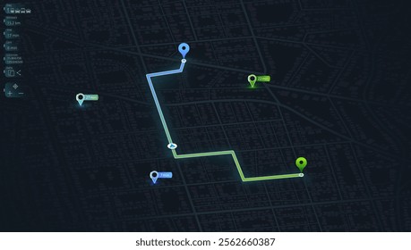 City map with route from one point to marked by line. Route and information about the streets and distances to marker. Detailed map of city, legend is included in the map. Vector Illustration