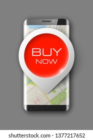 City map route phone navigation "Buy Now", phone point marker, application drawing schema, city plan GPS navigation tablet, itinerary destination arrow city map. Route check point "Buy Now" smartphone