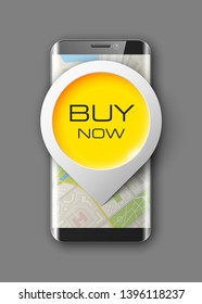 City map route phone navigation "Buy Now", phone point marker, application drawing schema, city plan GPS navigation tablet, itinerary destination arrow city map. Route check point "Buy Now" smartphone