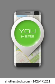 City map route phone navigation "You Here", phone point marker, application drawing schema, city plan GPS navigation tablet, itinerary destination arrow city map. Route check point You Here smartphone